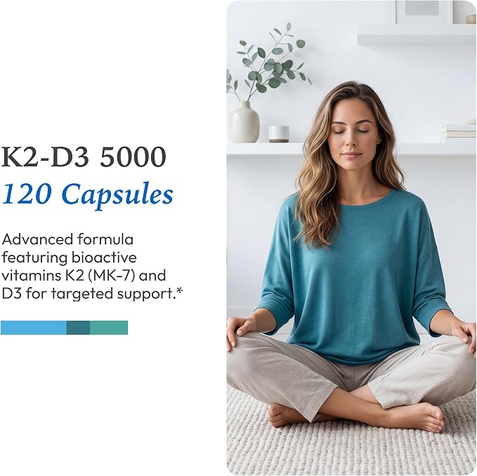 XYMOGEN K2-D3 5000 - Vitamin D3 K2 - Bioavailable Vitamin D 5000 IU (Cholecalciferol) with MK-7 - Heart, Arterial, Bone Health + Immune Support Supplement (120 Capsules)