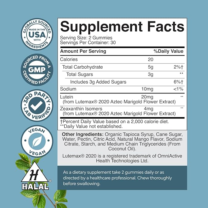 Vision Support Gummies for Adults - Lutein and Zeaxanthin Supplements for Eye Health - Potent Lutein Eye Vitamins for Blue Light Protection Dryness Strain Support & Visual Sharpness - 60 Count