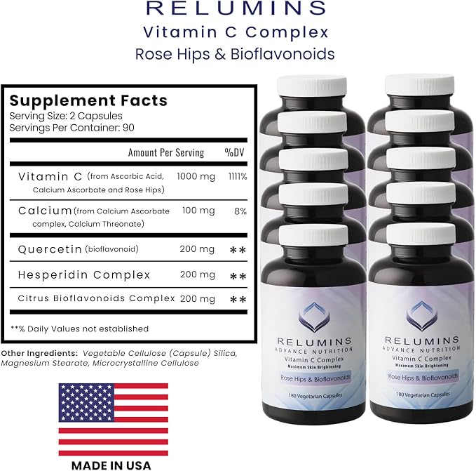 Relumins Advanced Vitamin C Supplement with Rose HIPS - 1000mg of Vitamin C Immune Support & Collagen Production, Made in USA, Ultimate Wellness Gift for Mom, 180 Capsules x 10 Bottles