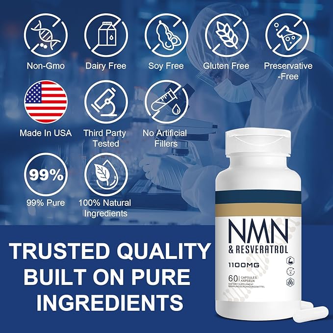 1100mg NMN & Trans-Resveratrol, 3-in-1 Supplement, 60 Veggie Capsules – Supports NAD+ Boost*, Cellular Energy, Immune Function, Muscle Health & Anti-Aging, 30-Day Supply