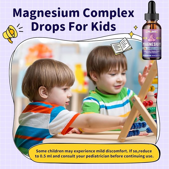 Kids Magnesium Liquid Drops-Magnesium Glycinate Liquid for Kids Supplement-w/L-theanine, Omega-3, Vitamin B6, D3 - for Sleep, Relaxation, Brain, Bones - Cherry Flavor, 4 Fl Oz