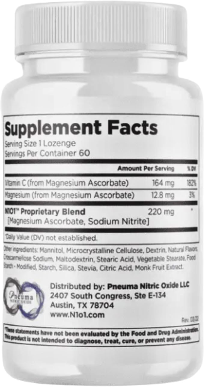 N1O1 Nitric Oxide Lozenges - 60 Count - Nitric Oxide Supplement for Heart Health, Circulation, Energy, Blood Flow, Oxygenation, Healthy Blood Pressure, Cardiovascular Support for Men & Women