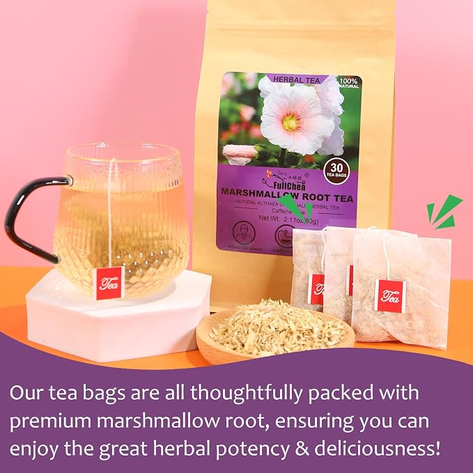 FullChea Marshmallow Root Tea, 2g X 30 Count, Premium Althaea Officinalis | Made of Natural Dried Cut & Sifted Loose Root, Non-GMO, Caffeine-free, Respiratory Support & Promote Digestion, Grassy Flavor