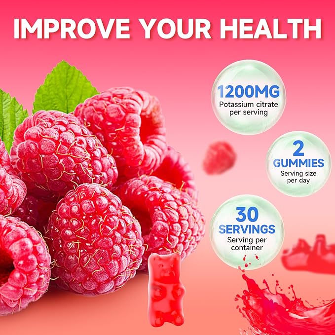 Potassium Citrate Gummies, High Potassium Supplement 1200mg Support Leg Cramps & Muscle Health, Potassium Gummies for Adults & Kids, Vegan, Raspberry Flavor 60 Count