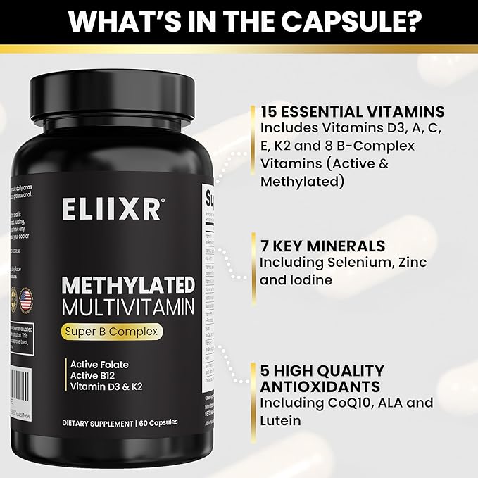 Eliixr Methylated Multivitamin 27-in-1 Formula with 1500 mcg Active Folate, Methylated B12, K2, D3, B-Complex and more Women and Mens Multivitamins, 60 Vegan Capsules, 2 month supply Made in the USA