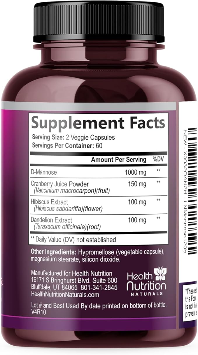 D-Mannose Supplement - 1,000mg D Mannose Per Serving with Cranberry, Hibiscus & Dandelion - Fast-Acting, Natural Urinary & Bladder Support for Women & Men – Flush & Cleanse Impurities – 120 Capsules