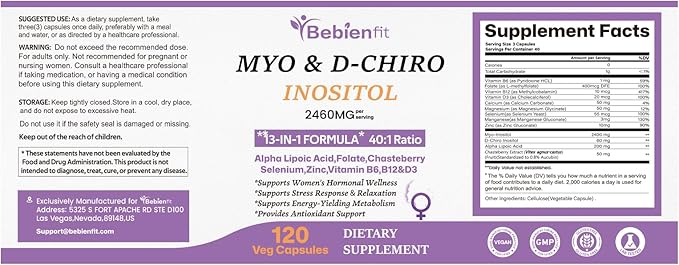 13-in-1 Myo Inositol & D-Chiro Inositol for Women,2460mg-40:1 Ratio Supplement Plus Alpha Lipoic Acid/Folate/Vitex/Magnesium,240 Vegan Capsules