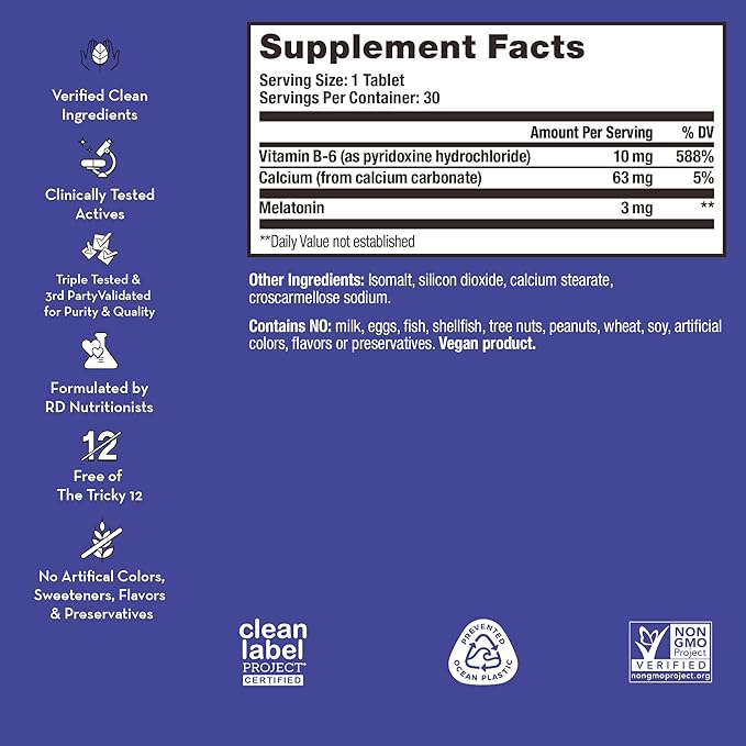 HUM Beauty zzZz Melatonin Sleep Supplement for Adults with Melatonin 3mg, Vitamin B6 and Calcium, Vegan, Gluten Free, Non GMO Sleep Support Tablets for Adults and Beauty Rest, 30 Vegan Tablets