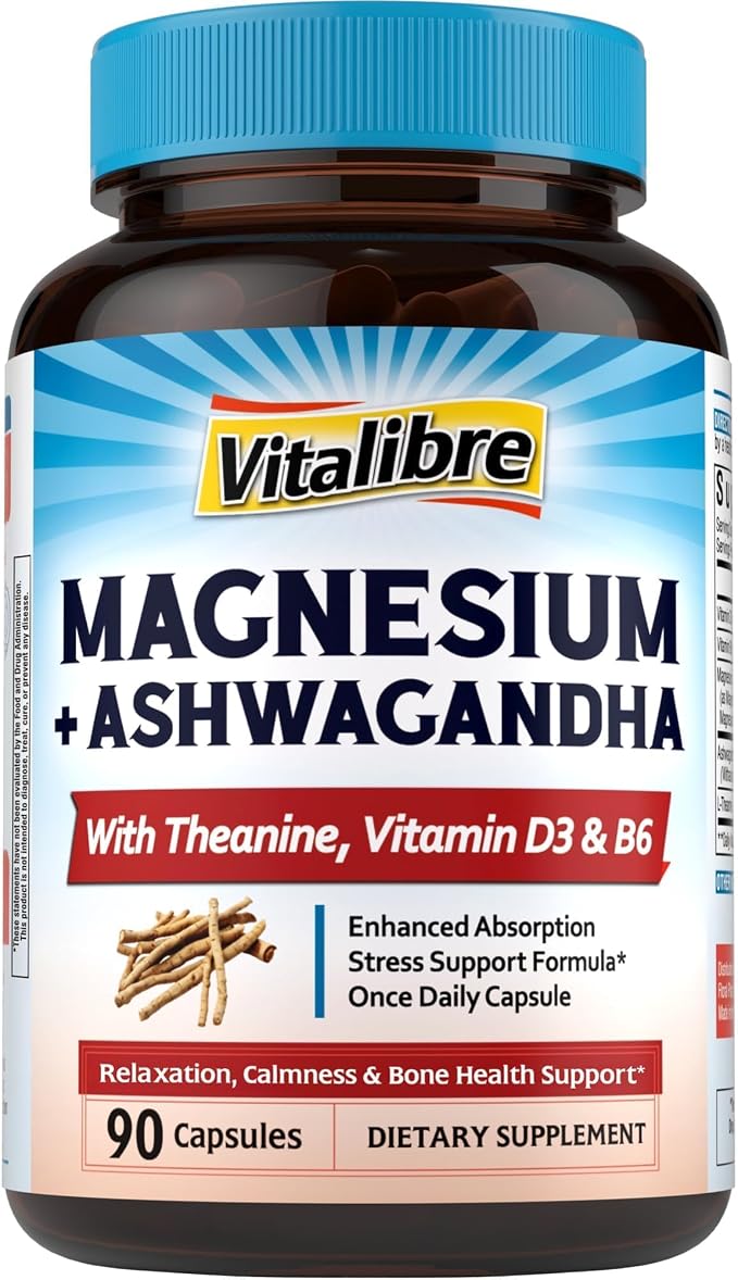 Vitalibre Magnesium Complex with Ashwagandha & L-Theanine - Stress Relief, Bone & Relaxation Support - w/Vitamin D3, B6 - Glycinate, Citrate, Malate, Taurate - 90 Vegan Capsules, Non-GMO, Gluten Free