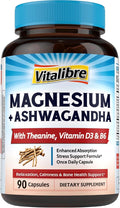 Vitalibre Magnesium Complex with Ashwagandha & L-Theanine - Stress Relief, Bone & Relaxation Support - w/Vitamin D3, B6 - Glycinate, Citrate, Malate, Taurate - 90 Vegan Capsules, Non-GMO, Gluten Free