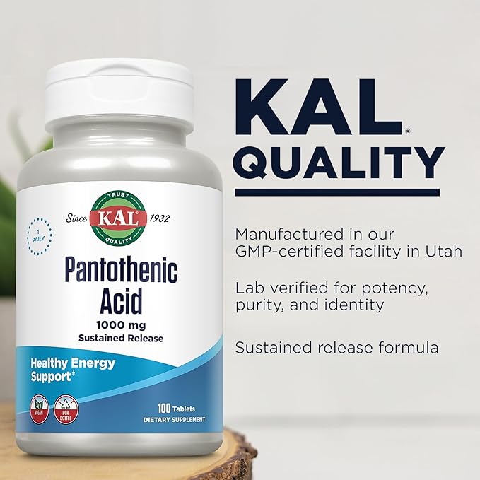 KAL Pantothenic Acid 1000mg Supplement for Men & Women - Vitamin B5 1000 mg, Supports Cellular Energy Metabolism, Nerve Function, Sustained Release, Vegan - 100 Tablets