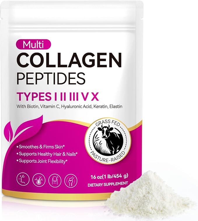 Collagen Peptides Powder, Multi Type I II III V X with Hyaluronic Acid, Biotin & Vitamin C, Unflavored Hydrolyzed Protein, Collagen for Women, Men, Keto & Paleo Friendly, Unflavored, 16 oz