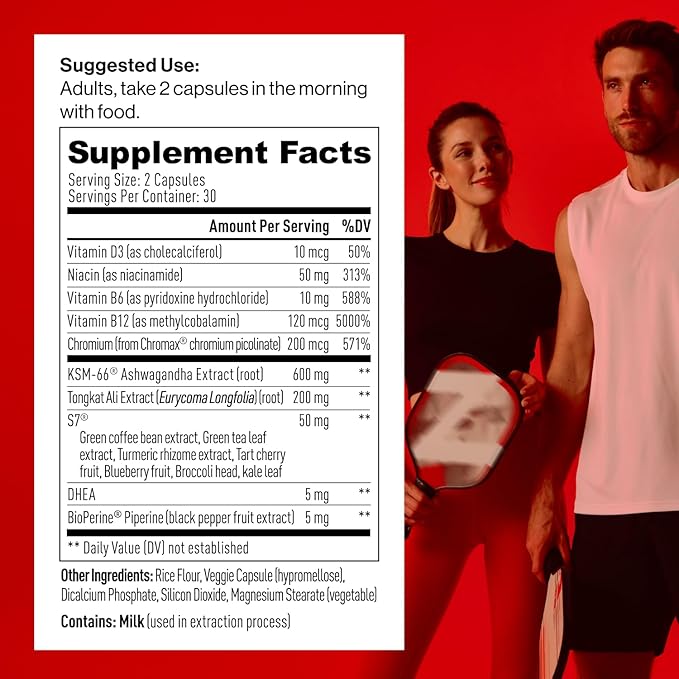 Mdrive Prime - Men's T-Support Supplement, Max Energy, Focus & Lean Muscle, KSM-66 Ashwagandha, S7 Nitric Oxide Booster, Bioperine and DHEA, 60 Servings, 120 Count