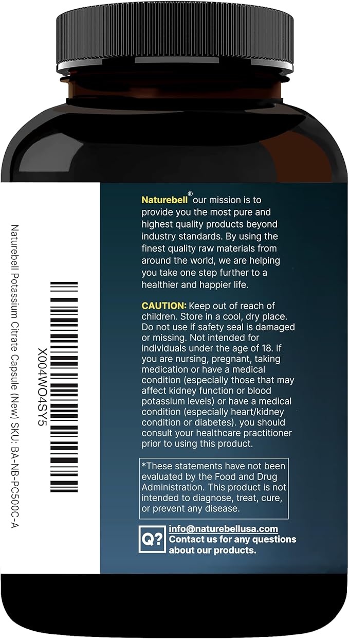 Potassium Citrate Supplement 99mg, 500 Capsules | Chelated Mineral Supplements – Essential Mineral Electrolyte – Non-GMO, Gluten Free