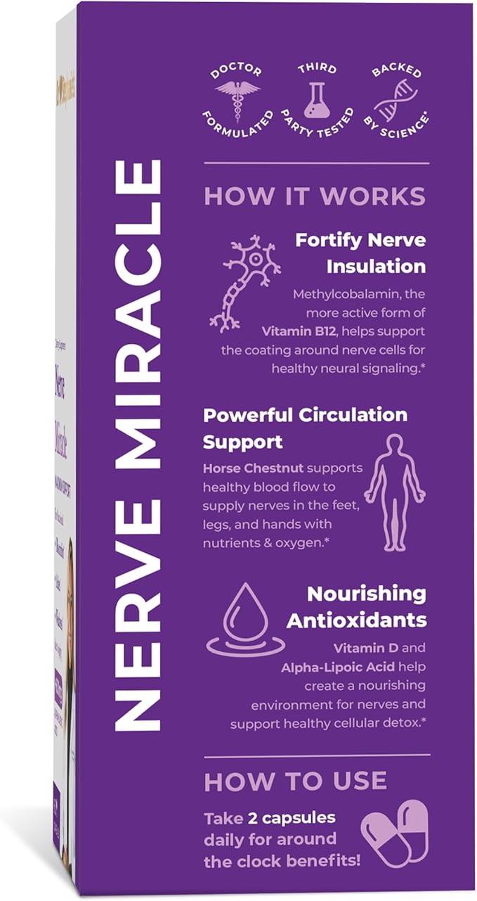 Nerve Miracle Maximum Strength Supplement | Nerve Health Support | Legs, Feet, Hands, Toes | Mega Dose of Alpha Lipoic Acid ALA & Vitamin B12 (Pack of 2)