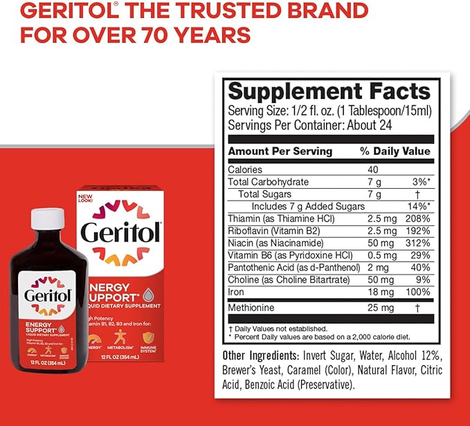 Geritol Liquid Vitamin and Iron Supplement, Energy Support, Contains High Potency B-Vitamins and Iron, Pleasant Tasting, Easy to Swallow, No Artificial Sweeteners, Non-GMO, 12 Oz, 2 Pack