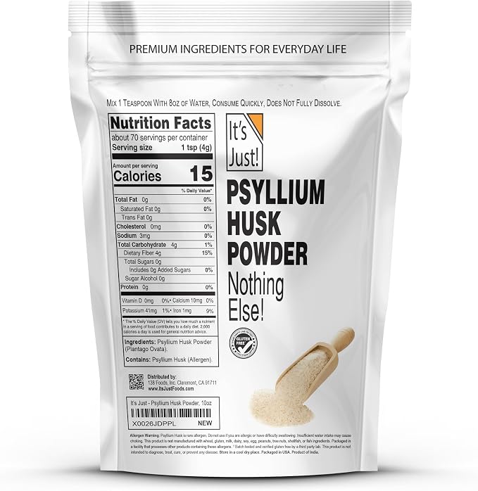 It's Just! - Psyllium Husk Powder, GLP-1 Friendly, Easy Mixing Dietary Fiber, Cleanse Your Digestive System, Finely Ground Powder, Ideal for Keto Baking, Non-GMO (Unflavored, 10oz (Pack of 1))