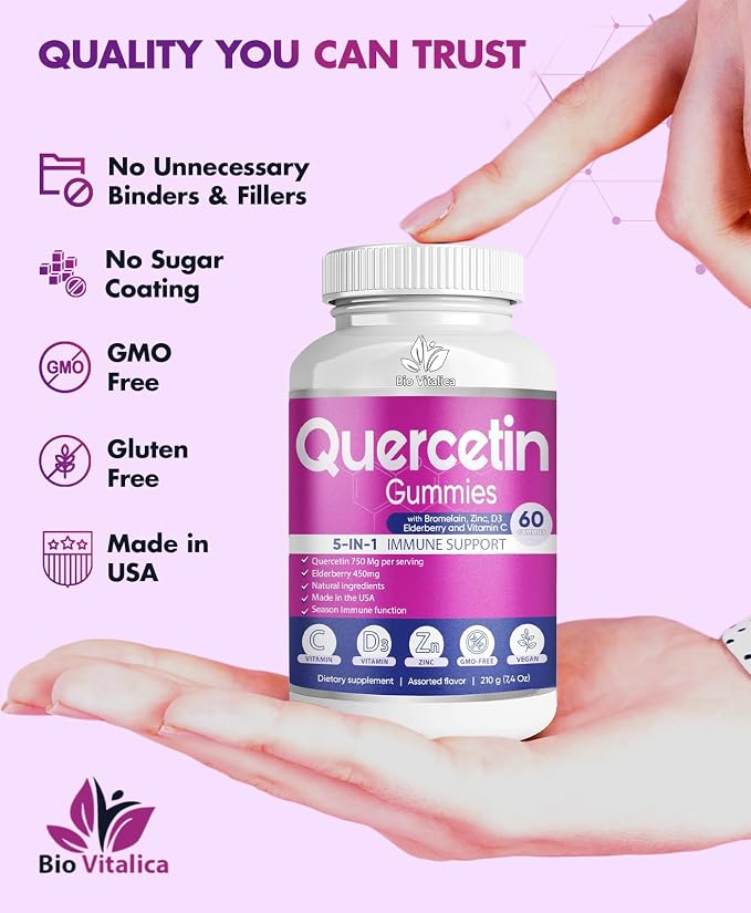 (3 Pack) Quercetin Gummies by BioVitalica - Quercetin with Bromelain Vitamin C and Zinc & Elderberry + Vitamin D3-5 in 1 Immune Support - Zinc Quercetin 750 mg for Kids and Adults