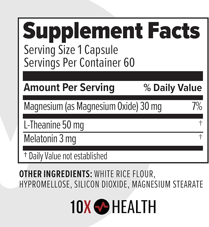 10X Health Sleep Supplements for Adults - 60 Capsules - Melatonin 3mg, L Theanine, Magnesium Supplement, Magnesium Oxide for Deep, Better Rest & Relaxation - 3-in-1 Natural Sleep Support