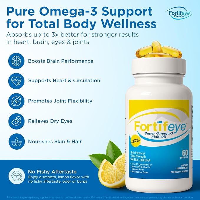 Fortifeye Omega 3 Fish Oil 120Count 1600 mg Made in Norway - High Potency rTG Form Supplement with EPA & DHA, Triple Strength Fish Oil Softgels for Men Women, No Fishy Aftertaste, Natural Lemon Flavor