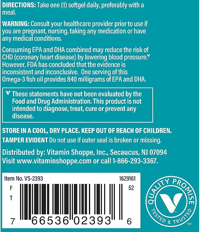 The Vitamin Shoppe Omega 3 Fish Oil 1100 mg EPA & DHA Softgels, Unflavored Fish Oil Supplement for Men and Women, Gluten Free, Dairy Free, 60 Softgels