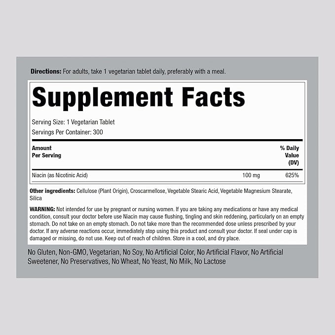 Piping Rock Niacin Supplement 100mg | 300 Tablets | Vitamin B3 for Men and Women | Nicotinic Acid with Flushing | Vegetarian, Non-GMO, Gluten Free