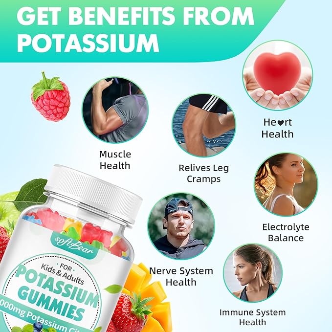 softbear Potassium Citrate Gummies, High Potency Potassium Citrate 1000mg Supports Leg Cramps & Muscle Health Potassium Gummies for Adults & Kids Mixed Fruit Flavor 60 Count