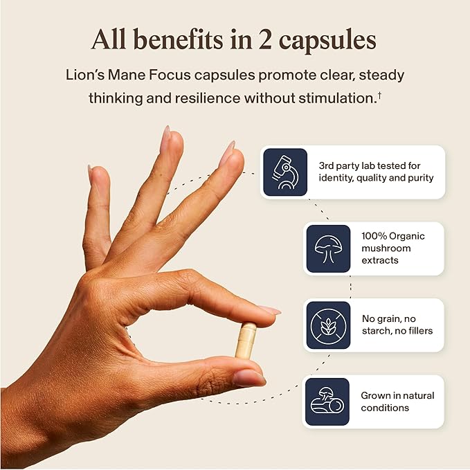 Real Mushrooms Lion’s Mane Focus Capsules (90 Count) – Organic Lions Mane Fruiting Body Extracts with 200mg Alpha GPC Choline for Mental Clarity & Daily Cognitive Function