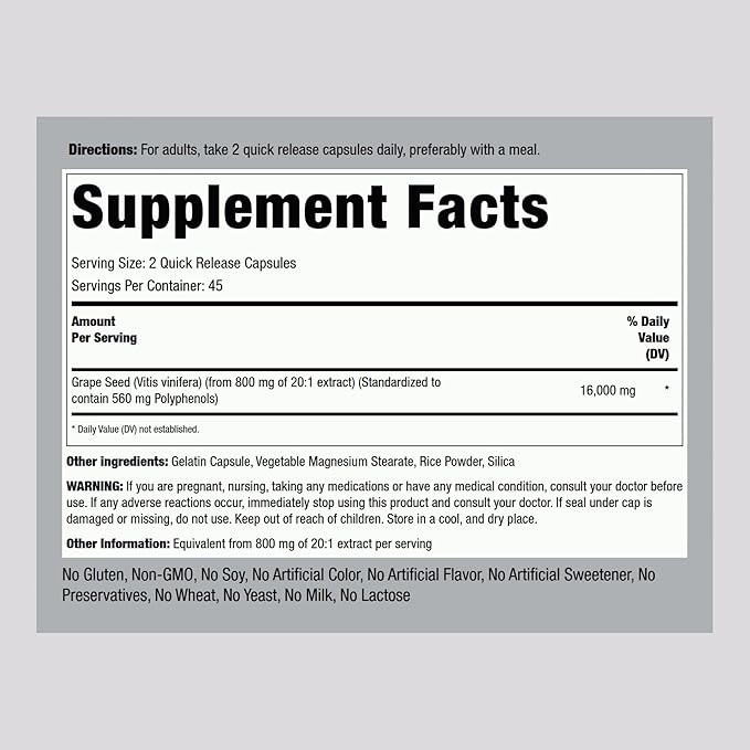 Piping Rock Grape Seed Extract Capsules | 90 Pills | Vitis Vinifera Supplement | Non-GMO, Gluten Free