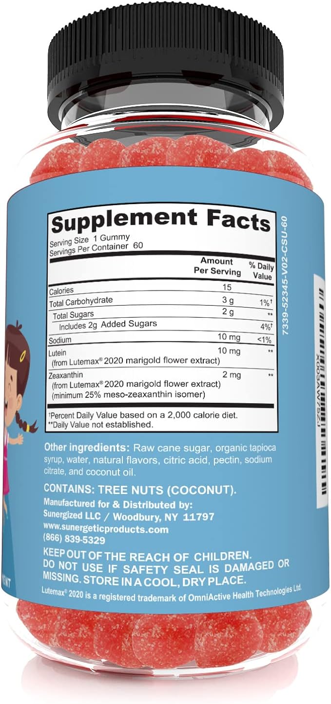 Sunergetic Premium Eye Support Gummies for Kids - Lutein with Zeaxanthin Supports Overall Eye Health, Vision & Macular Health–Clinically Studied Lutein & Zeaxanthin with Lutemax 2020-60 Gummies