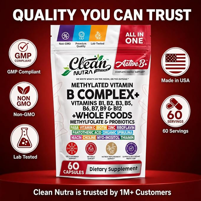 Vitamin B Complex Methylated B Vitamins for Women, Vitamin B12 Methylcobalamin Methylfolate B12 B1 B2 B3 B5 B6 B7 B9 Biotin Myo Inositol Choline Organic Spirulina Methylated Multivitamin 60 Ct