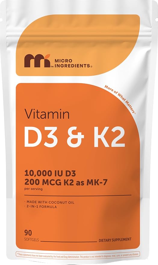 Micro Ingredients Vitamin D3 10,000 IU + K2 MK-7 200 mcg Per Serving, 90 Softgels | Extra Strength* 2-in-1 D3 K2 Supplement | Easy-to-Swallow Softgels Made with Coconut Oil | Non-GMO, Gluten Free