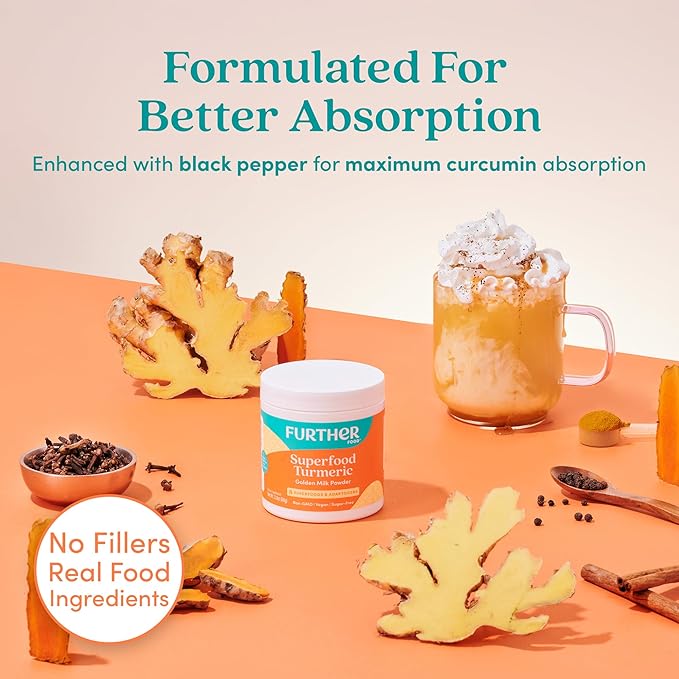 Further Food Superfood Turmeric Root Powder - Maximum Absorption, Natural Immune Booster, Golden Milk Blend, Sugar Free, Keto, Vegan, Non-GMO, 6.35 Oz