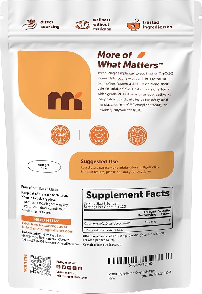 Micro Ingredients CoQ10 400mg Per Serving | 240 Softgels with Coconut MCT Oil | High Absorption Coenzyme Q10 as Ubiquinone | Non-GMO
