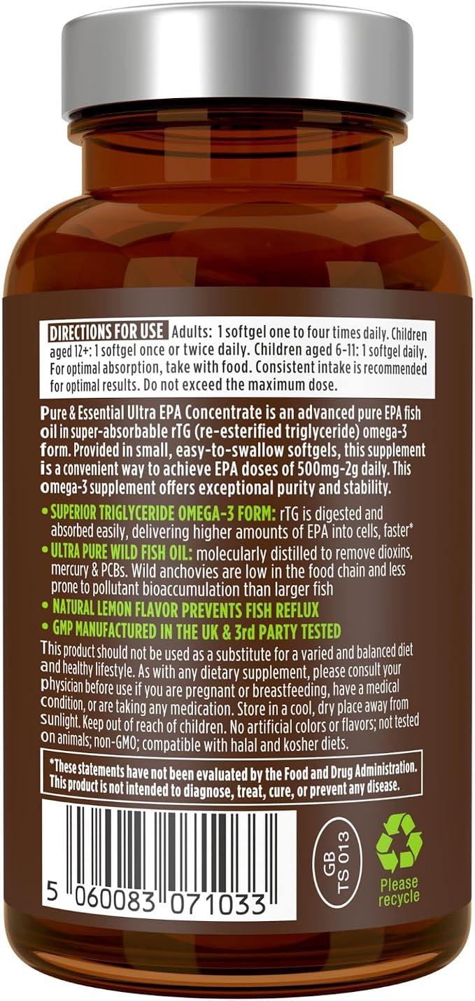 Igennus Ultra Pure Omega-3 EPA 500mg, Highly Concentrated IFOS Certified Wild Fish Oil, Advanced rTG Triglyceride Form, Non-GMO, 90 Small Softgels