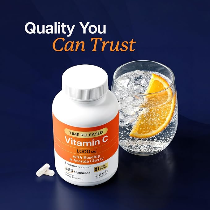 Purely Holistic Vitamin C 1000mg, 365 Capsules, 12 Month Supply, 2 Stage Timed Release with Ascorbic Acid, Rosehip & Acerola Cherry Bioflavonoid, Immune System Support, Vegan