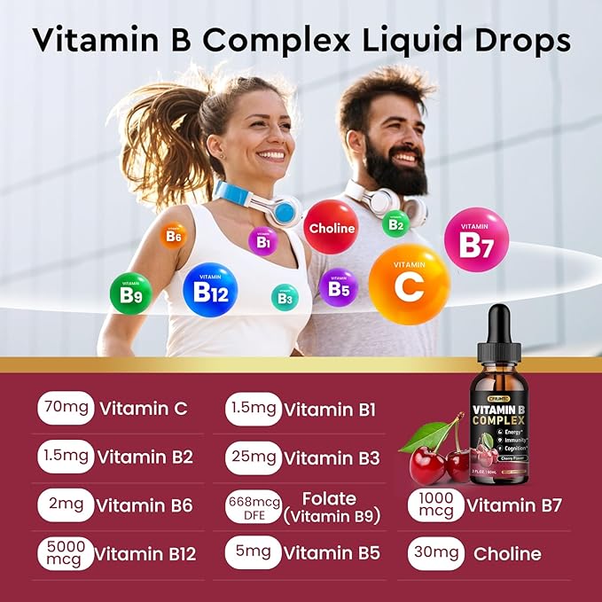CFILIHTC Vitamin B Complex Liquid Drops, B Vitamins Complex Supplement with B1, B2, B3, B5 B6, B7, B9 & Methyl B12 Drops for Adults & Kids, Vegan, Cherry Flavor
