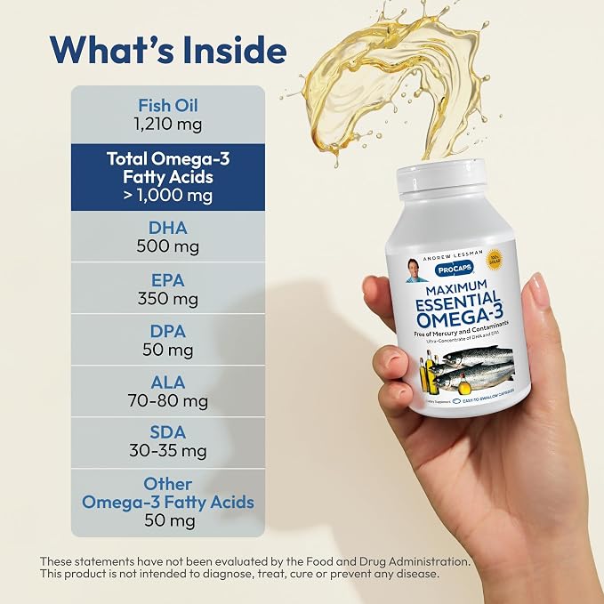 ANDREW LESSMAN Maximum Essential Omega-3 Unflavored, 60 Softgels - Ultra-Pure Omega-3 Fish Oil 1200 mg-High DHA, No Mercury Supplement-Small, Easy to Swallow Fish Oil Capsules