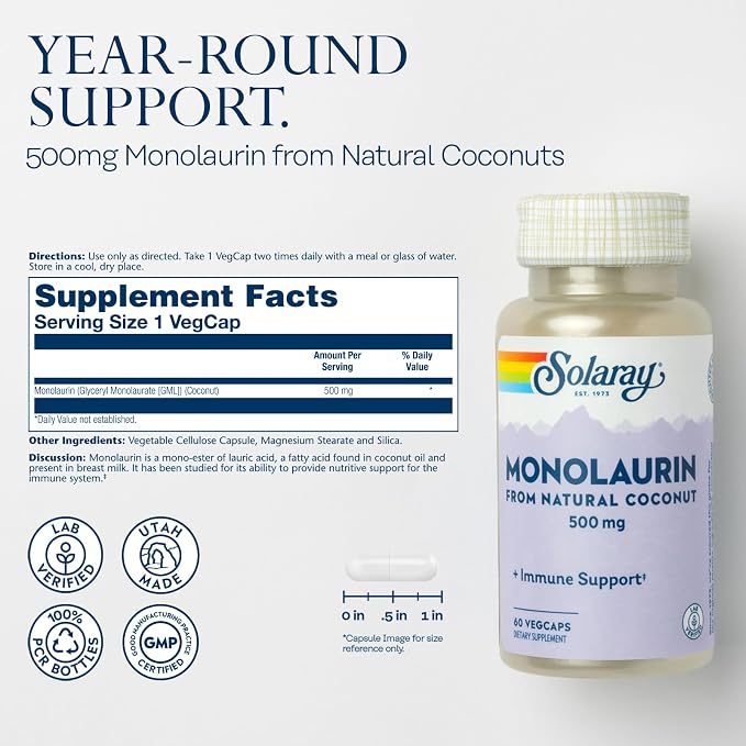SOLARAY Monolaurin 500mg from Natural Coconut - Monolaurin Supplement for Powerful Nutritive Support - 60-Day Money Back Guarantee, Lab Verified - 60 Servings, 60 VegCaps