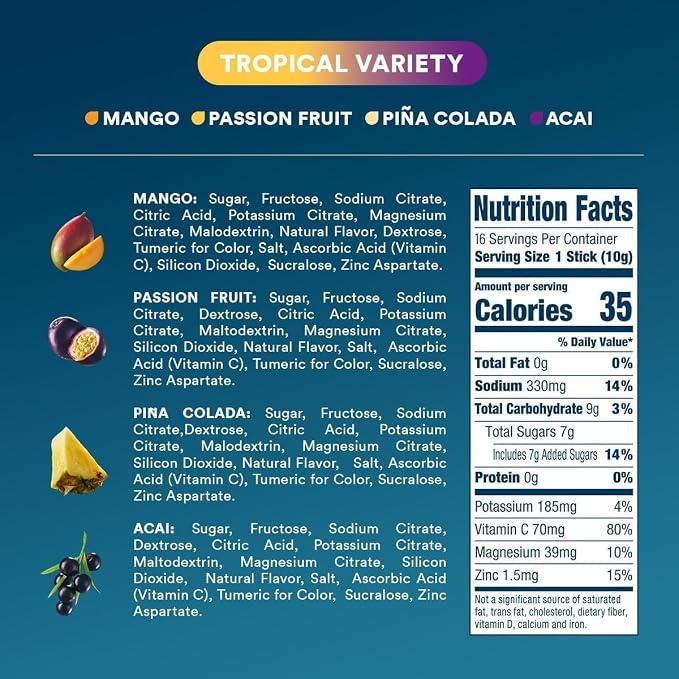 DripDrop Hydration Packets - Tropical Variety Pack - Single Serve Electrolytes Powder Drink Mix - Mango, Açaí, Passion Fruit, Piña Colada - Non-GMO, Gluten Free, Vegan - 16 Sticks