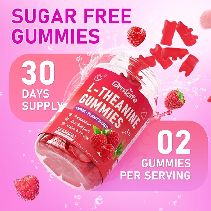 2 Pack L-Theanine Gummies for Kids & Adults, L'Theanine 400mg with Ashwagandha, GABA, 5HTP, L Theanine Supplement for Calm, Zzz & Relaxation Support, Raspberry Flavor, 120 Counts