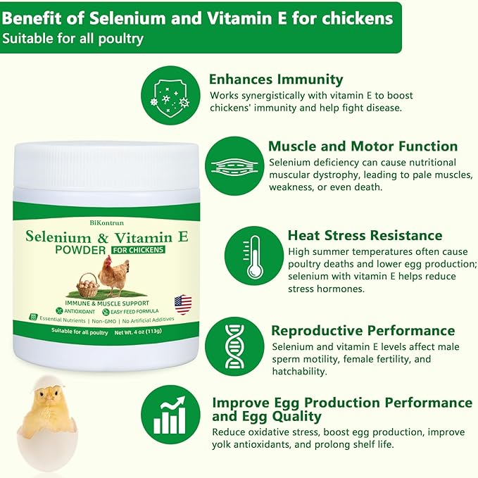 Selenium and Vitamin E Powder for Chickens, Selenium for Chickens, Immune System, Muscle Support & Prevents, Improve Wry Neck, Selenium, Vitamin E Supplements, Suitable for All Poultry, Chicken & More