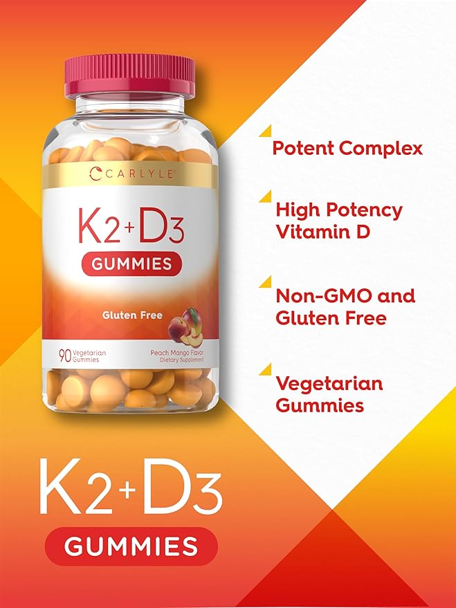 Carlyle Vitamin D3 K2 Gummies | 90 Count | 5,000 IU of D3 + 50 mcg MK7 | Peach Mango Flavor | Vegetarian, Non-GMO, and Gluten Free Supplement