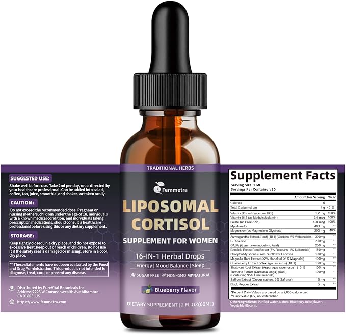 16-IN-1 Liposomal Cortisol Supplements Drops for Women, Melatonin-Free | Cortisol Reducer with Ashwagandha,L-Theanine,Myo-Inositol & Magnesium for Relaxation,Stress & Sleep,Blueberry Flavor, 2 Fl Oz