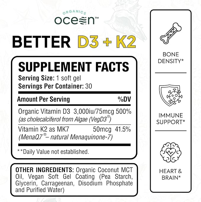 Organics Ocean Better D3 + K2-100% Organic VIT D3 and K2 Supplements with Maximum Bioavailability - Supports Bone Density, Calcium Balance, Immunity & Mood - 1-Pack, 30-Day Supply
