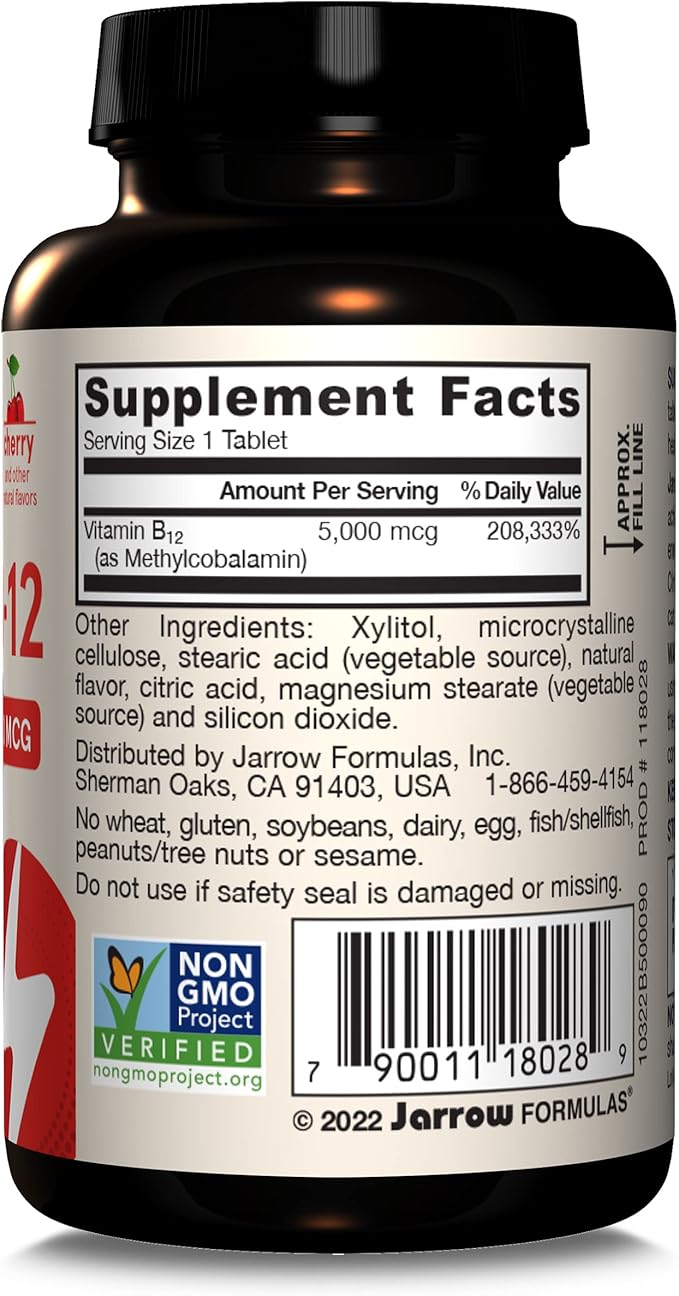 Jarrow Formulas Maximum Strength Methyl B-12 5000 mcg Dietary Supplement - 90 Cherry Chewable Tablets - Bioactive Vitamin B-12 - Supports Cellular Energy Production, Sleep & Brain Health (Pack of 12)