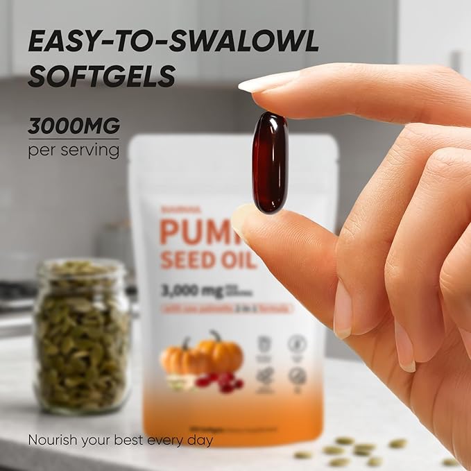 Pumpkin Seed Oil Capsules | 300 Softgels Pumpkin Seed Oil 2 in 1 with Saw Palmetto | Hair Growth＆Shedding Reduction | Plant-Based Formula | 3000mg Cold Pressed