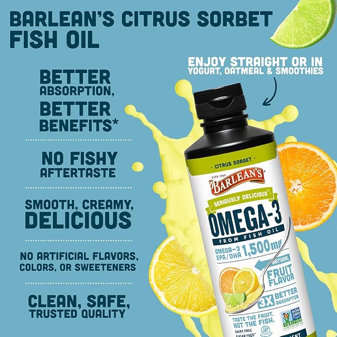 Barlean's Omega 3 Fish Oil Liquid Supplement for Men and Women, 1500mg of EPA and DHA Fatty Acid, Promotes Brain & Heart Health - Non-GMO, Citrus Sorbet, 16 oz