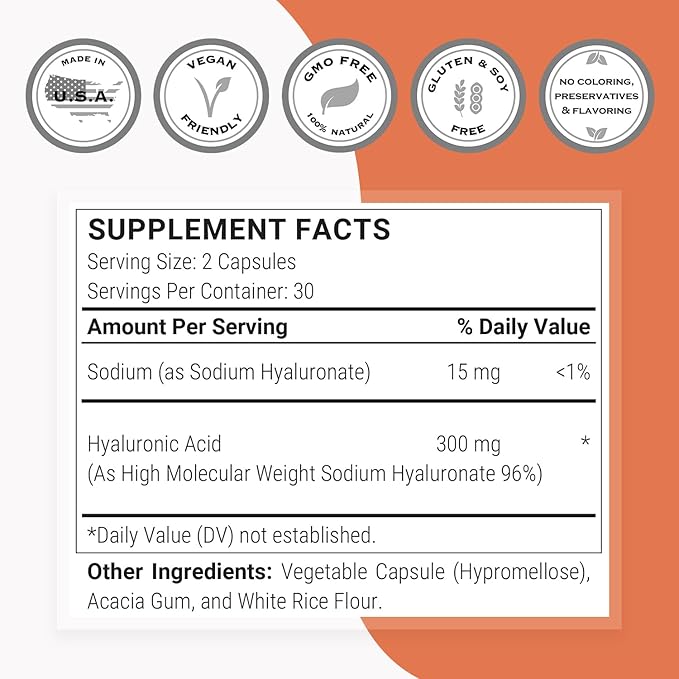 Supersmart Hyaluronic Acid Supplement 300mg per Day (Sodium Hyaluronate) - High Molecular Weight 1.2 Million Daltons | Non-GMO & Gluten Free - 60 Vegetarian Capsules