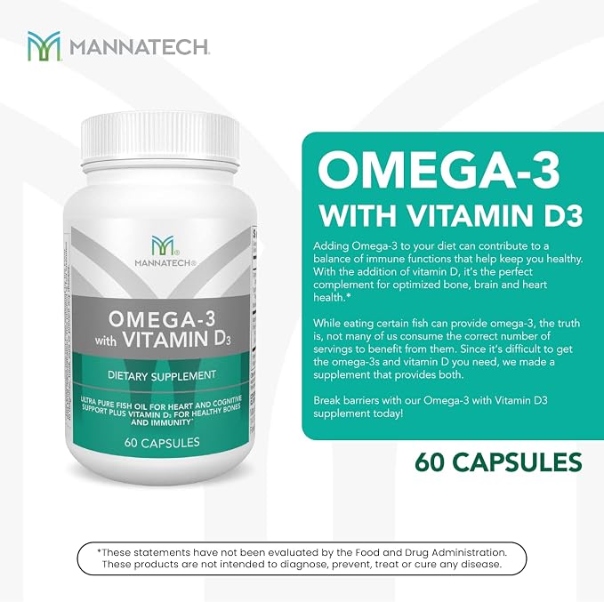 Mannatech Omega-3 with Vitamin D3 for Bone, Heart Health and Cognitive Support, Made of Pure Fish Oil
